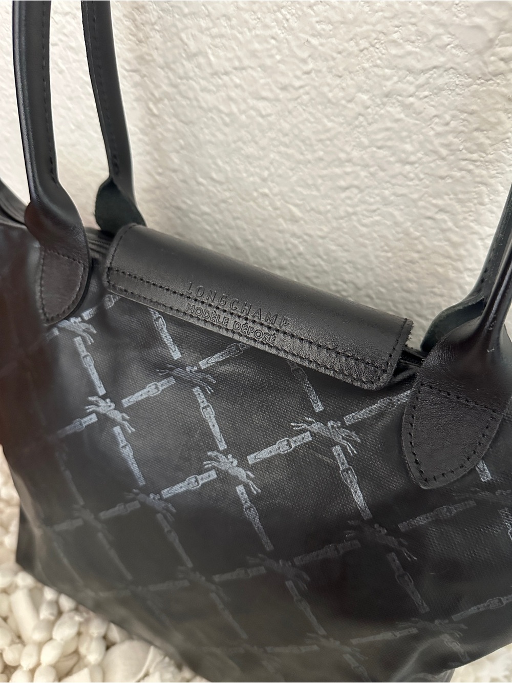 LONGCHAMP Le Pliage S Coated Canvas Horse Pattern Tote Bag Black Small - Picture 8 of 14